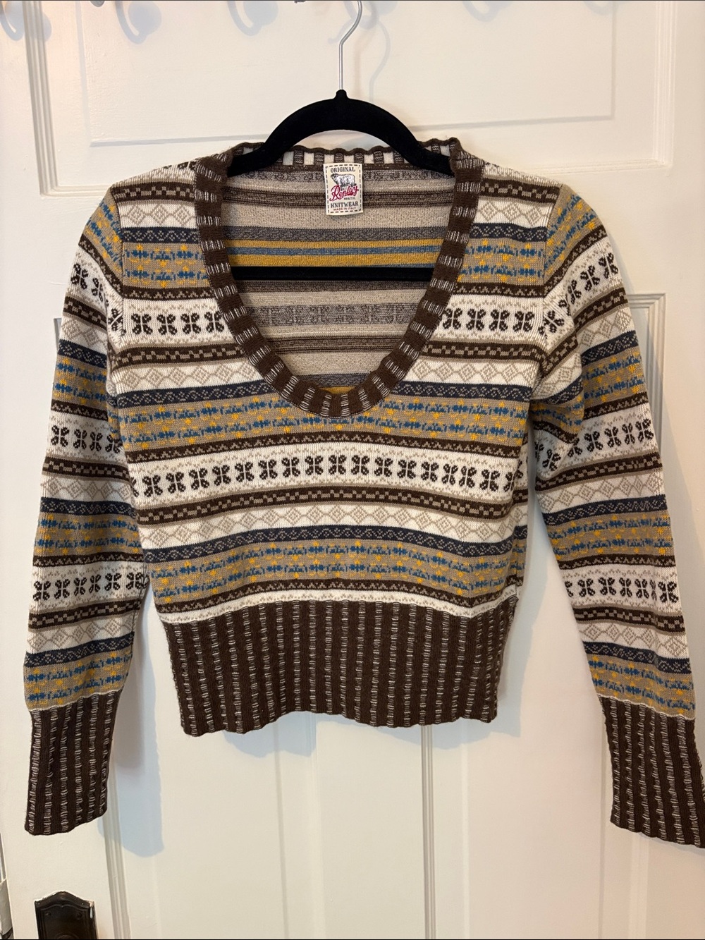 Replay V-Neck Sweater in Cream, Brown & Mustard Stripes